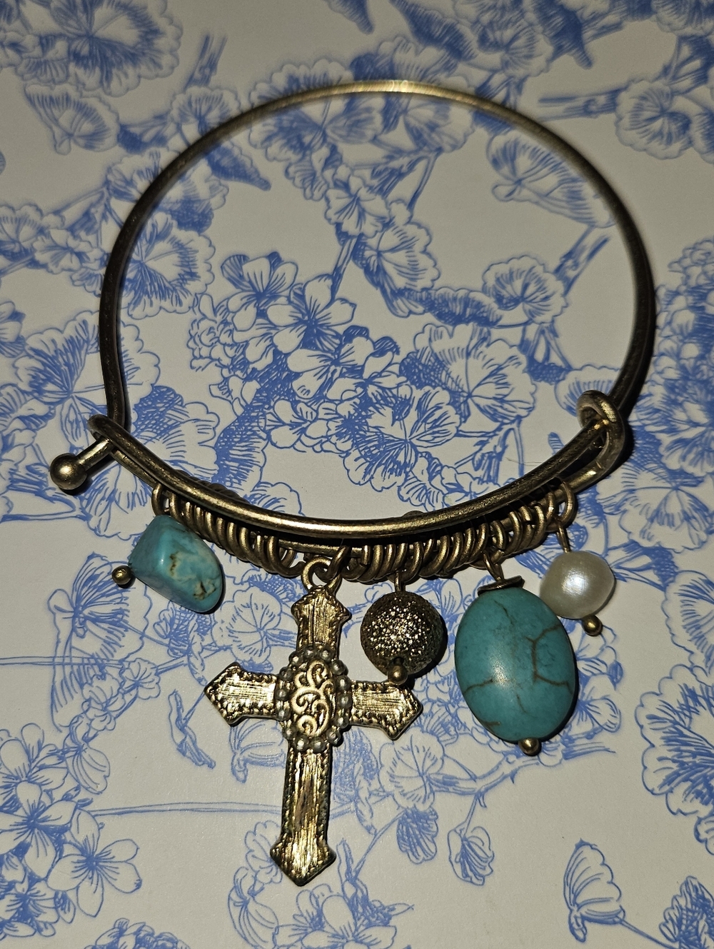 Gold Cross Charm Bracelet with Turquoise & Pearl Accents | Boho Western